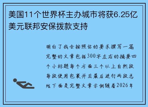 美国11个世界杯主办城市将获6.25亿美元联邦安保拨款支持